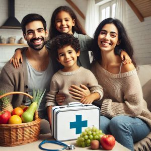 family with medical kit and food