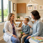 A warm and friendly female dentist is speaking with a parent and their young child in a modern, welcoming dental office.