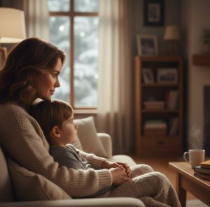 A parent and child sitting together in a cozy home, engaging in a calm and attentive conversation.