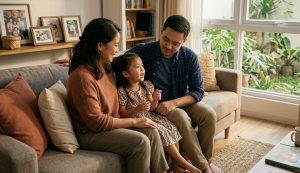 A warm family scene with parents sitting on a couch talking attentively to their child, cozy home environment, natural lighting, expressions of empathy and connection.