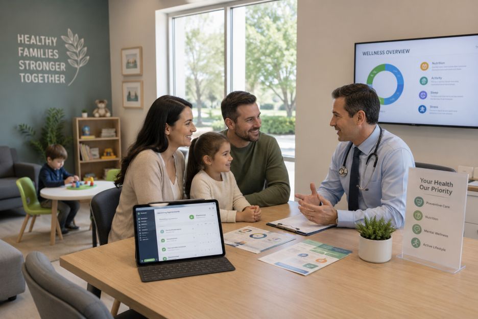 family wellness clinic with parents consulting a healthcare professional
