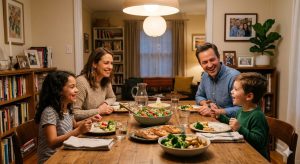 A family enjoying a healthy dinner together at a dining table, warm home atmosphere, parents and children talking happily