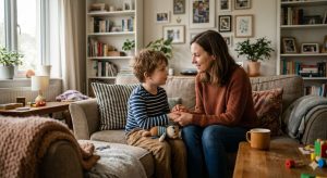 A warm family setting with a parent calmly talking to a child about emotions, cozy living room, supportive parenting moment