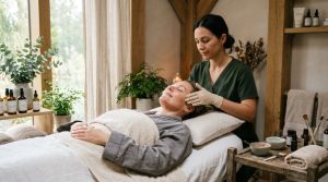 A warm and calming wellness spa scene featuring a parent receiving a gentle facial rejuvenation treatment