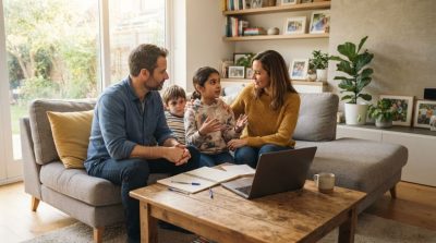 A warm family sitting together in a bright living room discussing online safety and emotions, parents listening attentively while a child shares thoughts