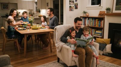 A happy family enjoying a healthy evening routine together, sharing dinner, reading bedtime stories, and spending quality time without electronic devices