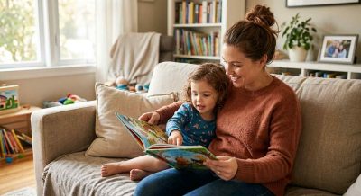 Warm realistic family scene showing a parent reading a colorful picture book with a young child